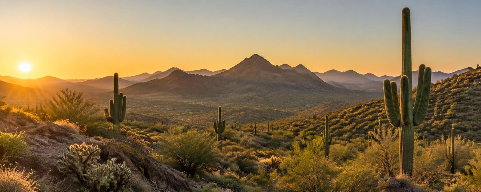 Golden sunrise over the Sonoran desert and mountains near Phoenix, the area ReJEN Mobile Health serves