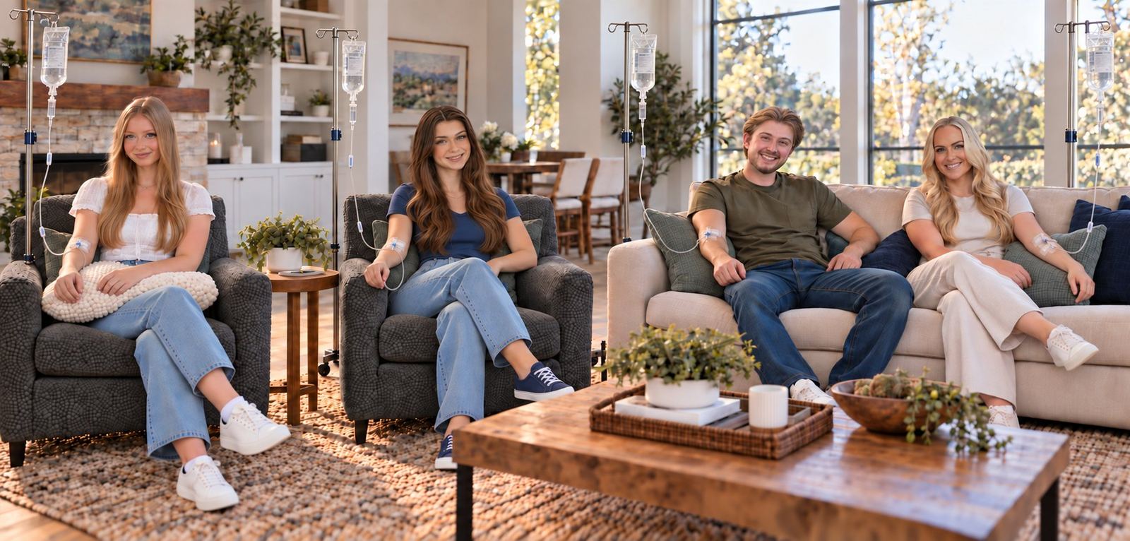Friends relaxing in armchairs and on a couch with IV drips during a group IV therapy session at home