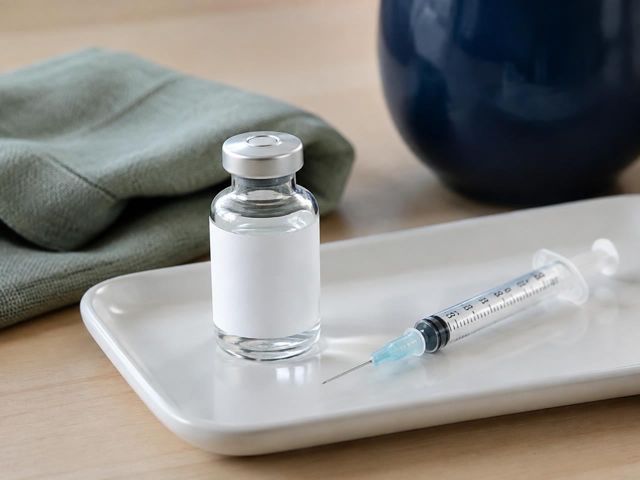 A vial and syringe prepared for a peptide therapy visit